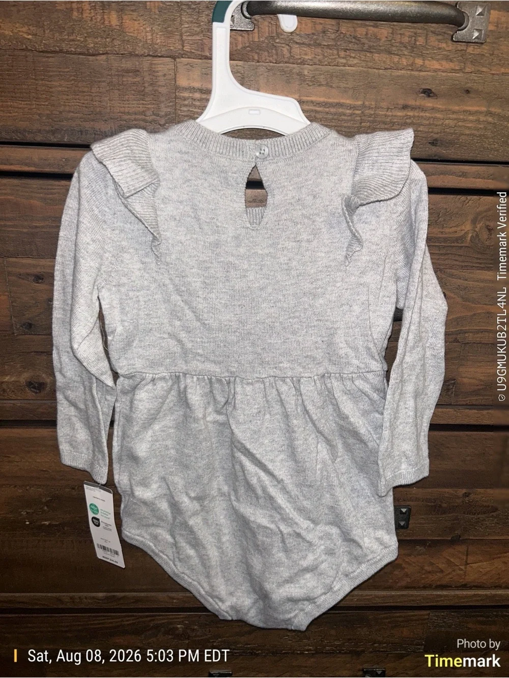 Carter's Gray Long-Sleeve Ruffle Bodysuit with Red Berry Embroidery 18 months